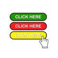 Click here button in red, green and yellow with mouse pointer, hand clicks or hand cursor icon flat on isolated white background. Royalty Free Stock Photo