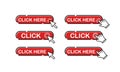 Click here button in red with mouse pointer, hand clicks or hand cursor icons set flat on isolated white background. EPS 10 vector Royalty Free Stock Photo