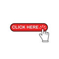 Click here button in red with mouse pointer, hand clicks or hand cursor icon flat on isolated white background. EPS 10 vector Royalty Free Stock Photo