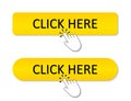 Click here button. Register icon. Yellow banner for website with hand. Finger press link for online buy. Promotion bar in internet Royalty Free Stock Photo