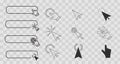Click here line frame, interface bar with cursor arrow or hand. Ui element search, buy field, link. button for click