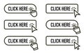 Click here set. Button icon line set with hand pointer clicking Royalty Free Stock Photo