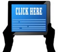 CLICK HERE on tablet screen, held by two hands. Royalty Free Stock Photo