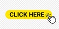 Click here vector web button. Isolated website buy or register yellow bar icon with hand finger clicking cursor Royalty Free Stock Photo