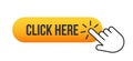 Click here. Yellow push button with a hand pointer clicking, representing call to action, online navigation, and web interaction Royalty Free Stock Photo