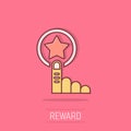Click loyalty card icon in comic style. Hand on reward cartoon vector illustration on isolated background. Discount splash effect Royalty Free Stock Photo