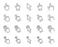 Click pointer line icons. Mouse cursor, hand finger and press here. Vector Royalty Free Stock Photo