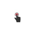 Click or push the button pictogram. Black pointing hand with red button. isolated on white