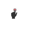 Click or push the button pictogram. Black pointing hand with red button. isolated on white