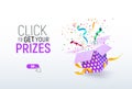 Click to get your prizes open textured purple box with confetti explosion inside. Flying particles from giftbox vector