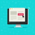 Click to share button on computer, sharing website page on browser window on pc vector illustration, flat cartoon Royalty Free Stock Photo