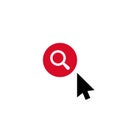 Click vector icon, cursor symbol with research sign. Cursor arrow icon and explore, find, inspect symbol