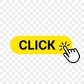 Click web button template vector yellow bar, hand finger click here cursor