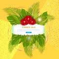 Clickable banner for summer sale with place for text, tropical palm leaves and exotic red flowers on abstract yellow background