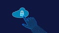 Clicking on cloud computing data storage with padlock. Hand from triangles and points on dark blue background. Cloud Computing
