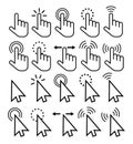 Clicking cursor icons. Vector arrow pointer and hand with finger for web. Mouse point buttons, symbols with touches for internet Royalty Free Stock Photo