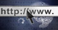 Clicking cursor over http: or www text image with globe and binary code background Royalty Free Stock Photo