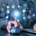 Clicking and digital interaction, featuring elements like computer mice, click icons, and touchscreens, symbolizing digital