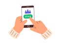 Clicking Share button on phone screen in mobile donation app. Hands holding smartphone, donating using charity Royalty Free Stock Photo