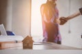 Client and contractor handshake after done deal to employment for renovation home Royalty Free Stock Photo