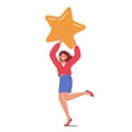 Client with Golden Star in Hands. Customer Feedback, Rating, Evaluation Concept. Tiny Woman Hold Huge Gold Star