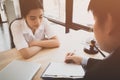 Client and lawyer have a sit down face to face meeting to discuss the legal Royalty Free Stock Photo