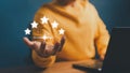 Client man hand showing the star icon to complete five stars. Assessment customer service giving the best rating, service feedback Royalty Free Stock Photo