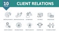 Client Relations set icon. Editable icons client relations theme such as marketing automation, customer issues