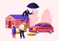 Client Speaking with Insurance Woman Agent for Signing Policy for Property Home and Car Protection. Man with Umbrella on Coin Pile