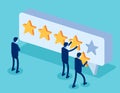 Clients choosing satisfaction rating and leaving positive review. Character and five star feedback. Flat isometric vector style