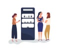 Clients and promoter at cosmetics exhibition stalls flat vector illustration. Saleswoman consulting customers near