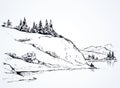 Firs on hill above river. Vector drawing