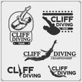 Cliff diving sport emblems, labels and design elements. Diving sport club logos and templates. Divers silhouettes.