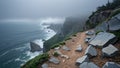 Cliff edge trail bordered by broken rocks with fog lifting over ocean far below Royalty Free Stock Photo