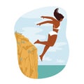 Cliff Jump Extreme Sports and Recreation Concept. Happy Brave Female Character Jumping in Ocean from High Rock Edge