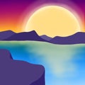 Cliff Mountain Lake Landscape View with Crescent Moonlight at Night Wallpaper Background Royalty Free Stock Photo