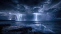 From a cliff at night, witness lightning storm's fury over a dark, tumultuous ocean Royalty Free Stock Photo