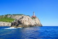 Cliff Punto Carena with lighthouse on coast of Tyrrhenian sea, C