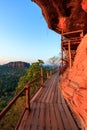 Cliff side wooden bridge at Wat Phu tok, Bueng Kan, Thailand Royalty Free Stock Photo