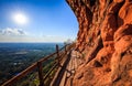 Cliff side wooden bridge at Wat Phu tok, Bueng Kan, Thailand Royalty Free Stock Photo