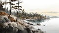 Cliff Sketch: Rocky Shore With Pine Trees In Snapshot Realism Style