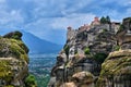 Cliff-top Great Meteoron monastery in rocky landscape of famous Meteora valley, Greece, UNESCO World Heritage Royalty Free Stock Photo