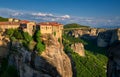 Cliff top Varlaam monastery, evening sun, Meteora, Greece, typical landscape of rocks. Moni Agias Varvaras Roussanou Royalty Free Stock Photo