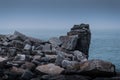 Cliff top view of the Jurassic coast cliffs during foggy weather at Portland Bill, Isle of Portland, Dorset