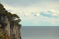 Cliff with trees and stones. Sea space and clouds Royalty Free Stock Photo