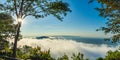 Cliff views, white mist, at Pha Mor E Daeng National Park, Sisaket Province, Thailand