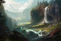 Cliff waterfall valley. Generate Ai