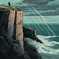 Cliffhanger - A person standing on a crumbling cliff edge with a stormy sea below and lightning striking in the background.