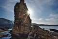 Cliffs in backlight with sunbeam at Kassiopi coast in Corfu, Greece Royalty Free Stock Photo