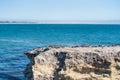 Cliffs and colony of brown pelicans. Royalty Free Stock Photo